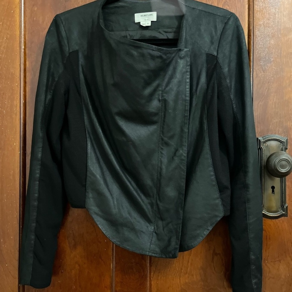 Helmut Lang Black Paper Leather Drape Jacket Asymmetrical Motorcycle Jacket S